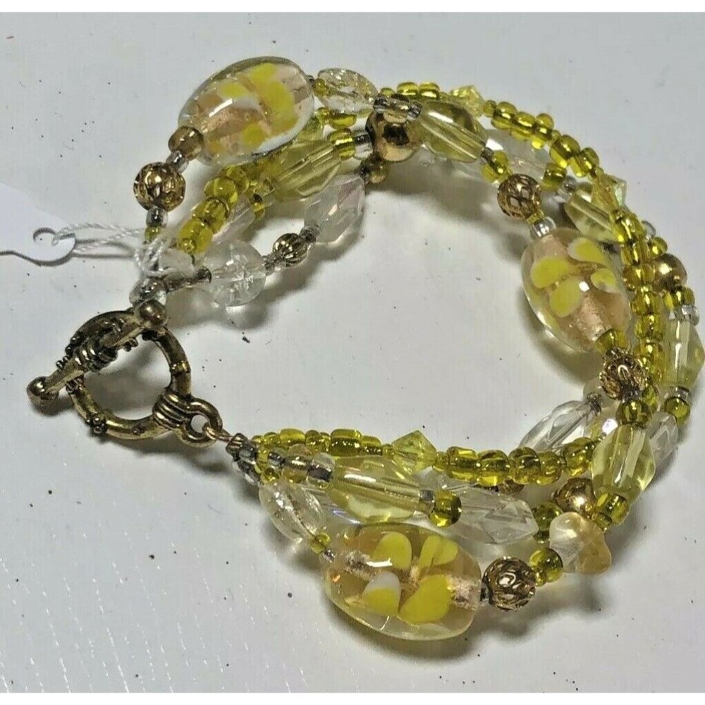 NEW Yellow Beaded Bracelet Spring Flowers Artisan 4-Strand 7" Toggle OOAK